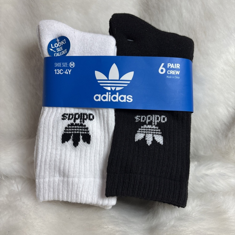 Adidas Youth Originals 6 Pack Trefoil Crew Socks SIZE MED 13C-4Y Shoe NEW!